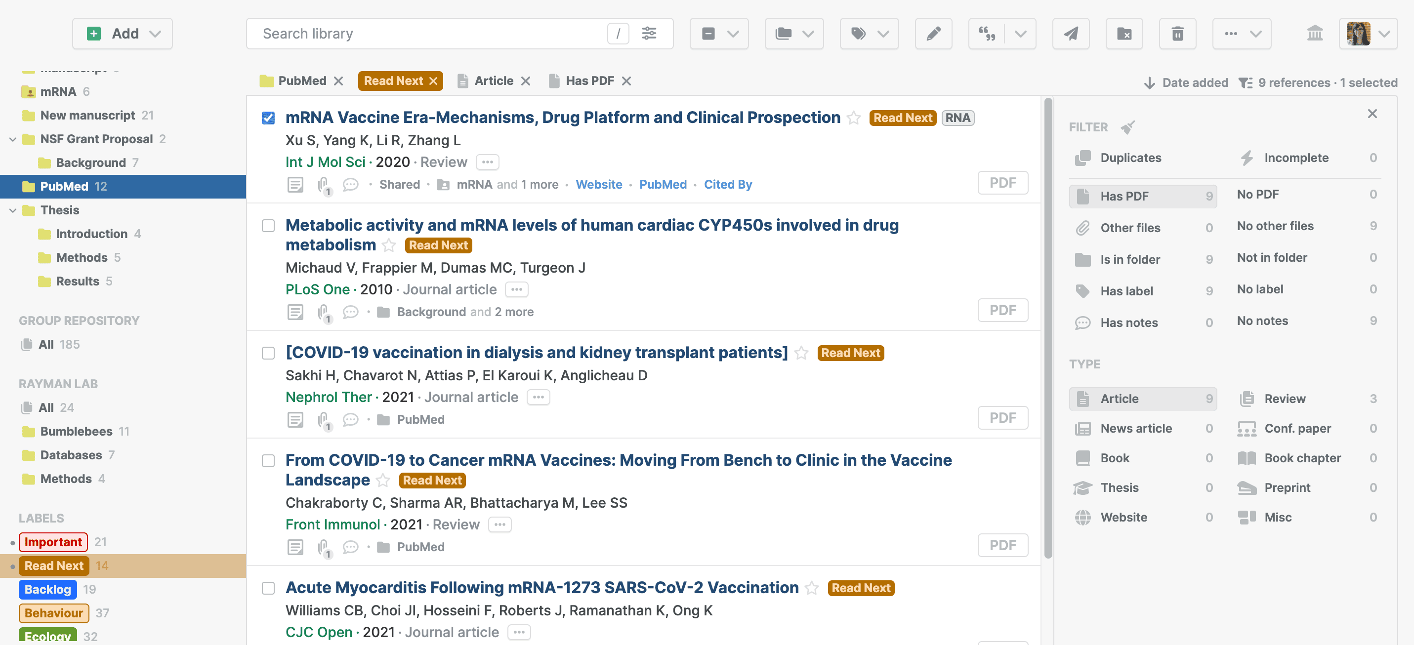 The library filtered by four criteria at once — the PubMed folder, the Read Next label, the Article type and Has PDF — with the filter panel open on the right showing counts per filter, and folders, shared libraries and labels in the sidebar.